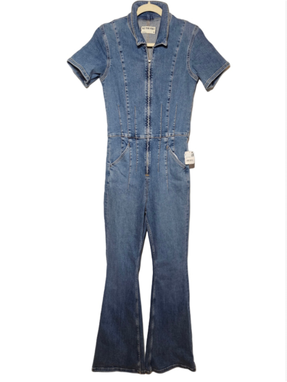 Free People We The Free Jayde Flare Denim Retro Jumpsuit Stretch Medium NWT